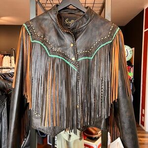 Scully Brown Leather Fringe Jacket with Turquoise Trim and Brass Studs